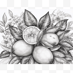 带叶子的黑白柑橘类水果的绘图