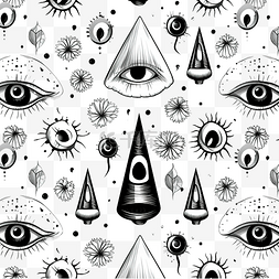 卡通水晶眼睛图片_神奇蘑菇黑色和白色矢量无缝模式