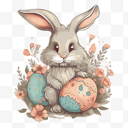 鲜花彩蛋图片_复古复活节兔子 向量