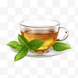 有玻璃图片_一杯茶，茶碟上有新鲜茶叶，透明