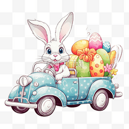 复活节彩蛋兔子图片_小兔子驾驶着复古车，上面有一个