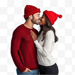 种族图片_快乐的多种族年轻夫妇戴着圣诞红