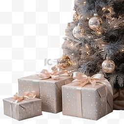 圣诞树下的地板上有包装纸中的圣
