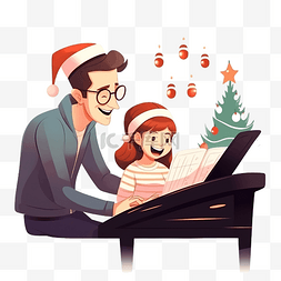 老师弹钢琴图片_小女孩在圣诞节期间与老师一起在