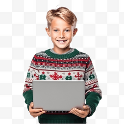 穿着圣诞毛衣拿着笔记本电脑的少