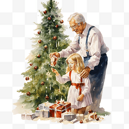 祖父和孙女在平安夜装饰杉树