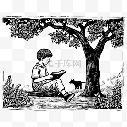 抽象树插画图片_树下读书的男孩木刻风格与科德尔