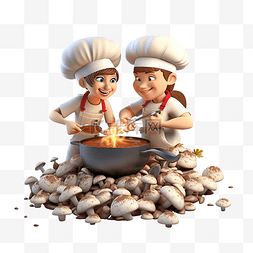 夫妇烹饪蘑菇菜 3d 人物插画