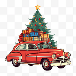 圣诞汽车装饰图片_圣诞复古车装饰满圣诞树和礼物