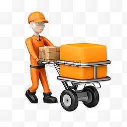 送快递的人图片_3d 渲染橙色快递员携带带有购物车