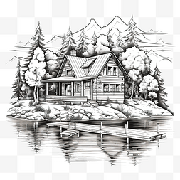 山湖插画图片_湖边的木屋线条艺术插画