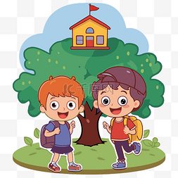 两个孩子去上学和一棵树 向量