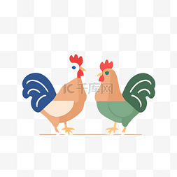 矢量平面图案，两只鸡站在白色背