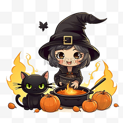 卡通可爱万圣节女巫和黑猫做饭