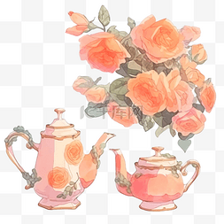 水彩橙桃花玫瑰配茶壶容器元素