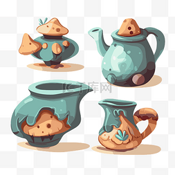 陶瓷剪贴画套蓝色茶壶，里面有蘑