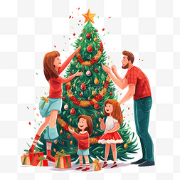 女儿和父母图片_快乐的孩子和父母装饰圣诞树