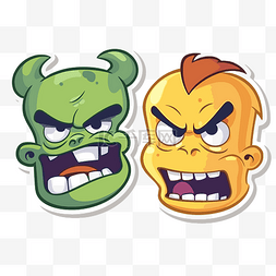 两个愤怒的怪物和怪物卡通贴纸剪
