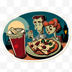 电影剪贴画图片_贴纸描绘了一个男人和一个女人吃