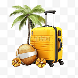 夏季旅行与黄色手提箱凉鞋球椰子