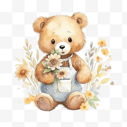 花插画风格图片_可爱的熊和花水彩插画