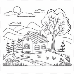 本草纲目插画图片_可爱的风景彩页，路上有房子