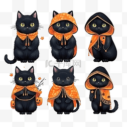 宠物可卡图片_手绘万圣节黑猫套装穿着不同的节