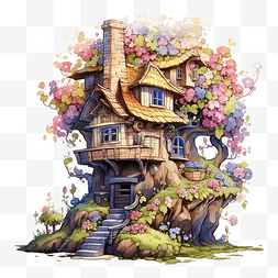 童话剧门票图片_树上有很多花的童话房子的插图 ai