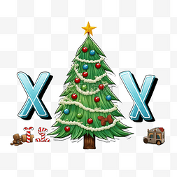 英语书插图图片_字母 x 圣诞树练习与卡通词汇插图