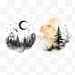 白天和黑夜树木山纹身