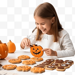 秋季童图片_装饰自制万圣节饼干的无法辨认的