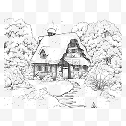 雪下茅草屋顶小乡村别墅的黑白矢