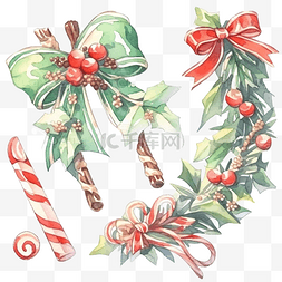 小装饰小玩意图片_圣诞冬青边框与拐杖糖和礼物水彩