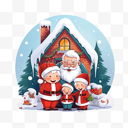 场景插图图片_快乐圣诞贺卡与圣诞老人家庭在房