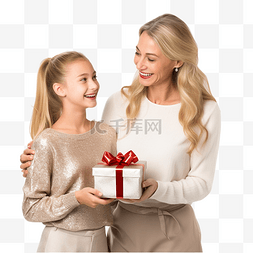 幸福的家庭母女送圣诞礼物并拥抱