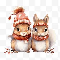 圣诞快乐可爱的松鼠与雪花绘图卡