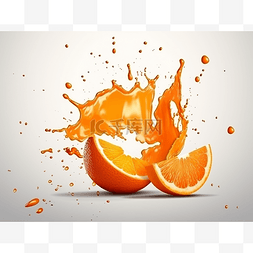 橙汁飞溅，橙片和灰色背景飞溅