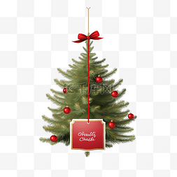 树枝上有纸卡的枞树圣诞快乐题字