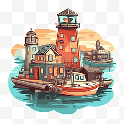 海湾插画图片_带灯塔的海湾船屋卡通插画 向量