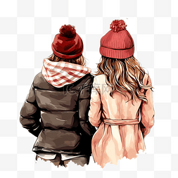 圣诞节两个穿着冬衣和帽子的女孩