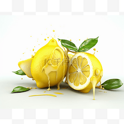 柠檬被切成两半，两片叶子飞溅起