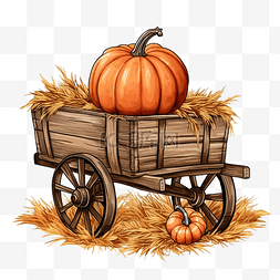 乡村食品图片_农场里稻草捆旁边的一辆乡村木车