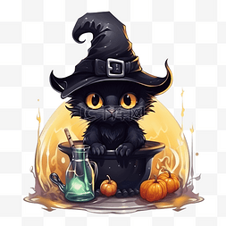 黑猫女巫图片_戴着巫术帽的可爱万圣节黑猫从墓