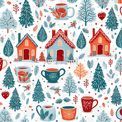 圣诞节传统冬季元素的彩色无缝图
