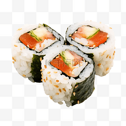 三一广告图片_三文鱼寿司卷在米饭顶视图日本料