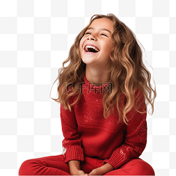 正面看着图片_圣诞节假期里的女孩坐在地板上笑