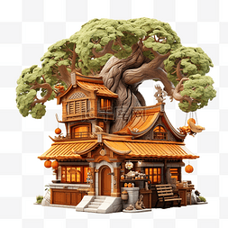 房子3d模型图片_龙店与树高品质 3d 渲染
