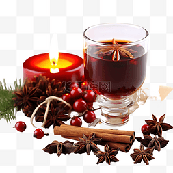 圣诞甜酒和八角茴香，木桌上有蜡