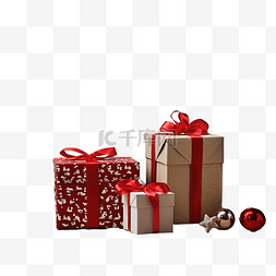各种各样的礼物图片_圣诞礼品盒，木桌上有红白丝带，