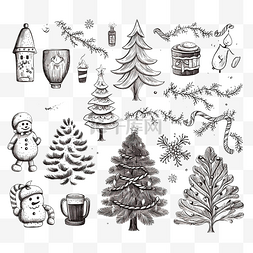 村屋图标图片_素描风格手绘插画中的圣诞套装